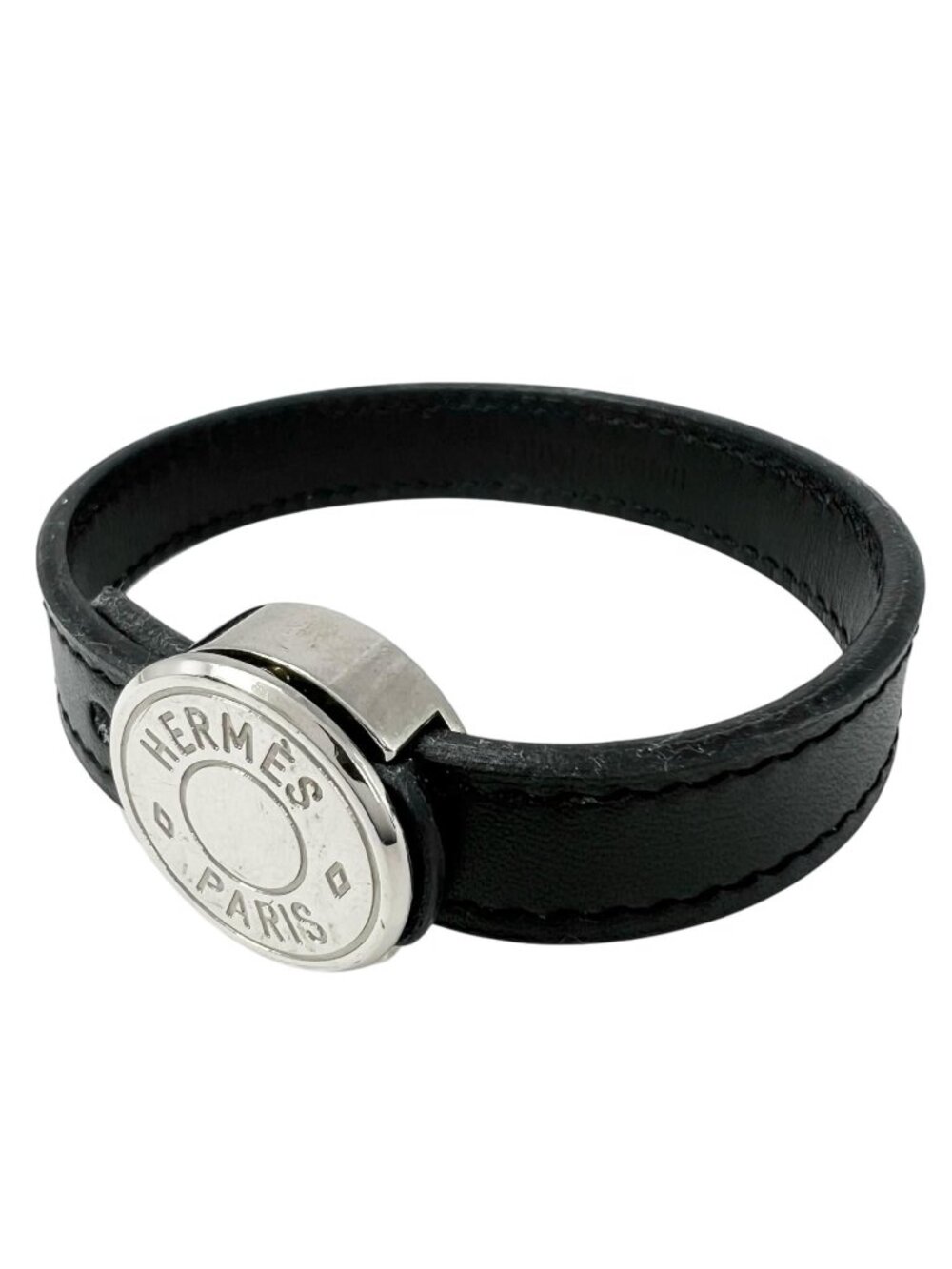 Hermes Series Looping Leather Black White Bracelet Silver